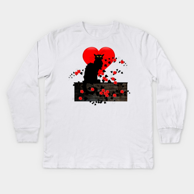 Chat Noir with Red Roses Kids Long Sleeve T-Shirt by HolidayBug