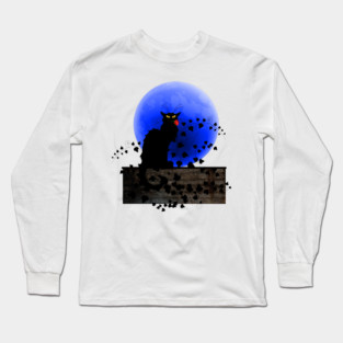 Chat Noir Blue Moon Red Rose Long Sleeve T-Shirt