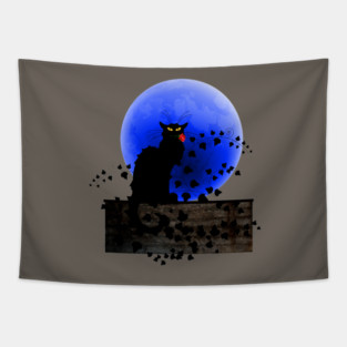 Chat Noir Blue Moon Red Rose Tapestry