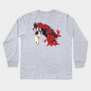 Horse Skull with Red Roses Dias de los Muertos Kids Long Sleeve T-Shirt