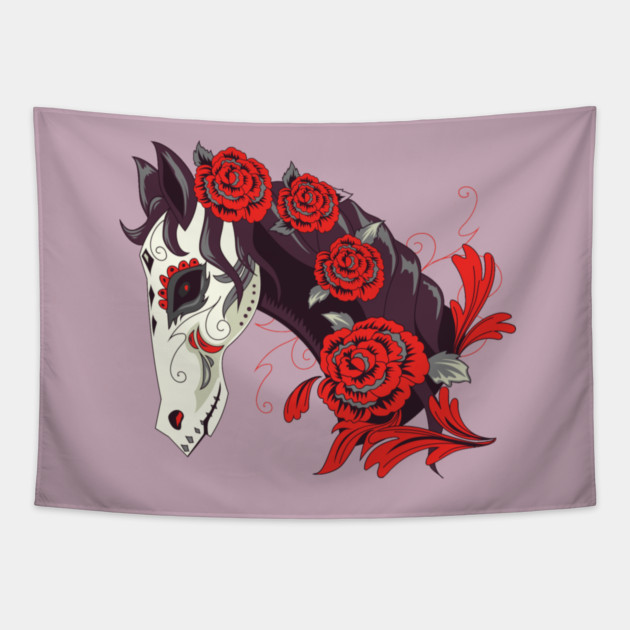 Horse Skull with Red Roses Dias de los Muertos Tapestry by HolidayBug