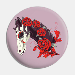 Horse Skull with Red Roses Dias de los Muertos Pin