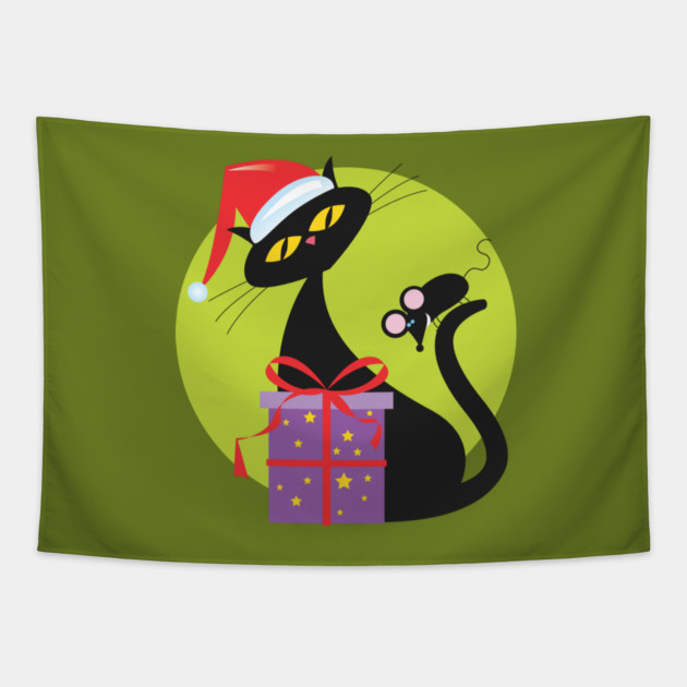 1950s Christmas Cat and Mouse Tapestry by HolidayBug