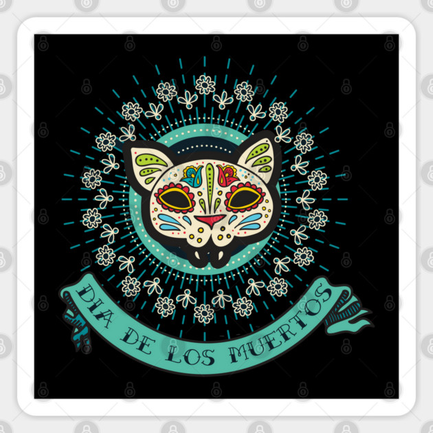Day of the Dead Cat Skull with Flowers Sticker by HolidayBug