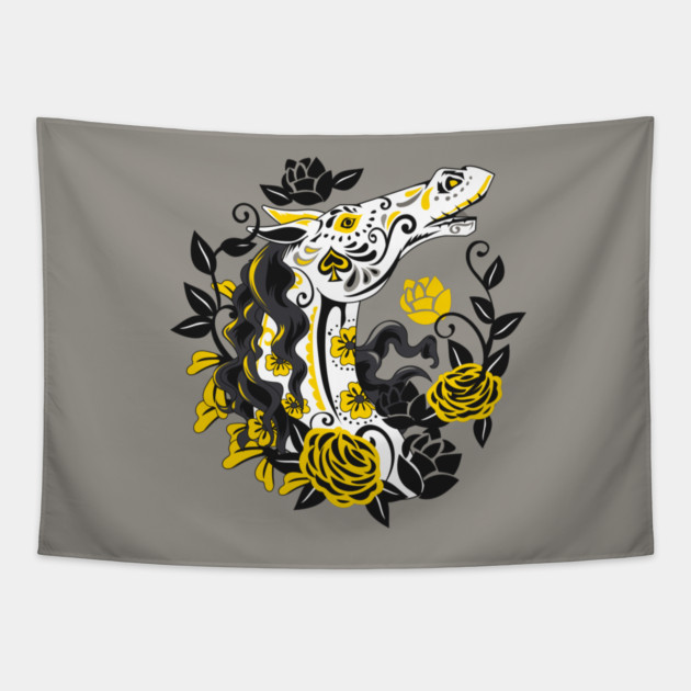 Horse Skull with Yellow Roses Dia de los Muertos Tapestry by HolidayBug