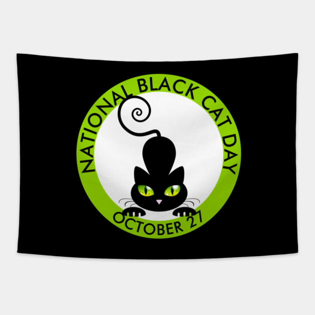 National Black Cat Day, green eyes cartoon Tapestry by HolidayBug