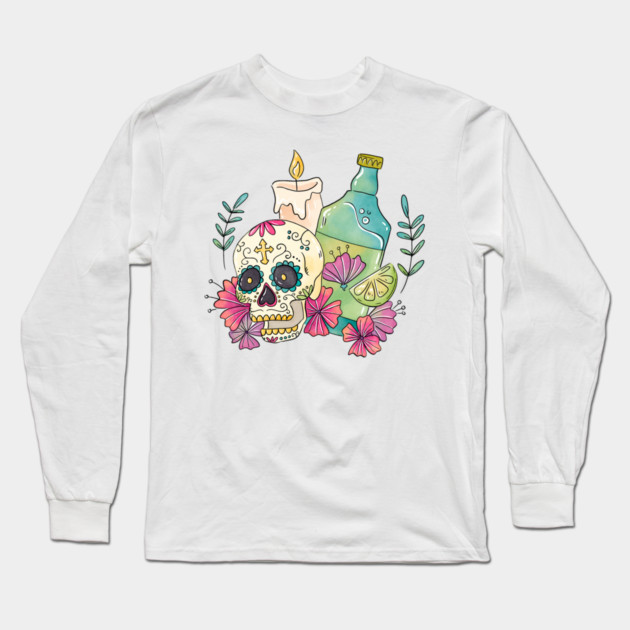 Watercolor Dia de los Muertos Skull Long Sleeve T-Shirt by HolidayBug