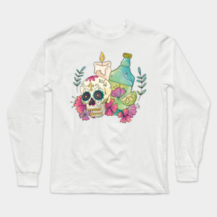 Watercolor Dia de los Muertos Skull Long Sleeve T-Shirt