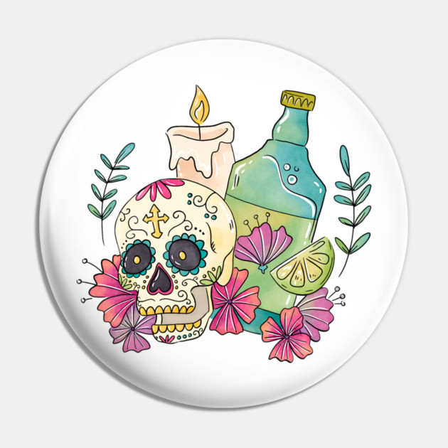 Watercolor Dia de los Muertos Skull Pin by HolidayBug