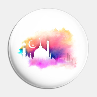 Watercolor Ramadan Mosque Oranges and Purples Pin