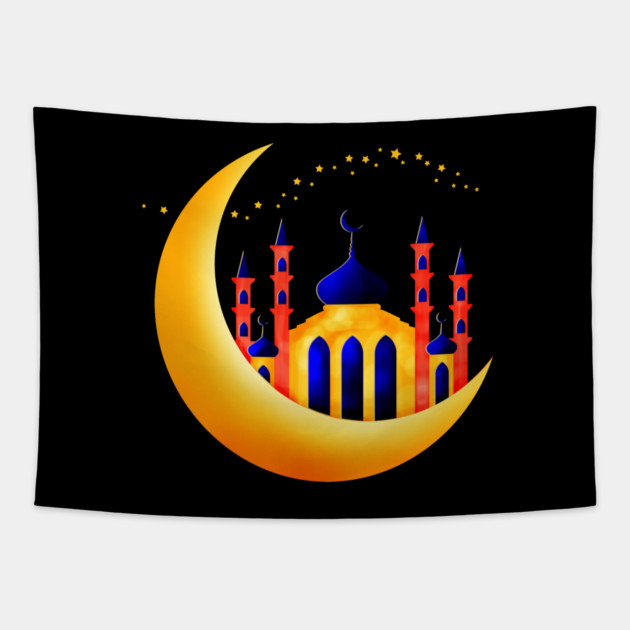 Blue & Gold Mosque on Crescent Moons Stars Ramadan Tapestry by HolidayBug