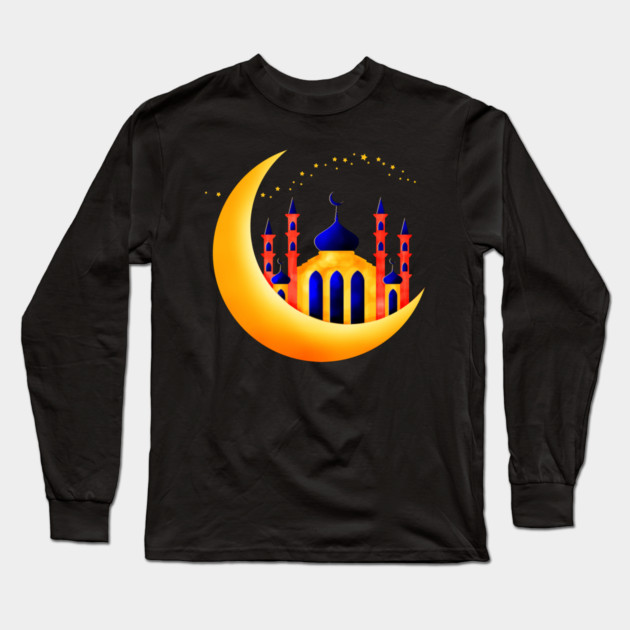 Blue & Gold Mosque on Crescent Moons Stars Ramadan Long Sleeve T-Shirt by HolidayBug