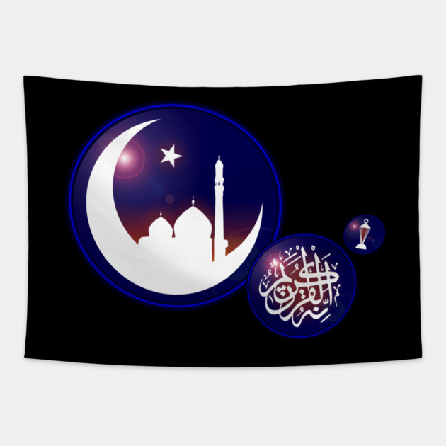 Ramadan Mosque in Crescent Moon with Fanous Blue Tapestry by HolidayBug