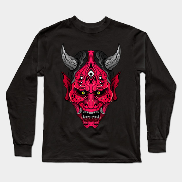 Illustrated Red Oni Demon Long Sleeve T-Shirt by HolidayBug