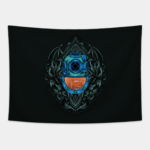 Antique Diving Helmet Emblem with Shark Tapestry by HolidayBug