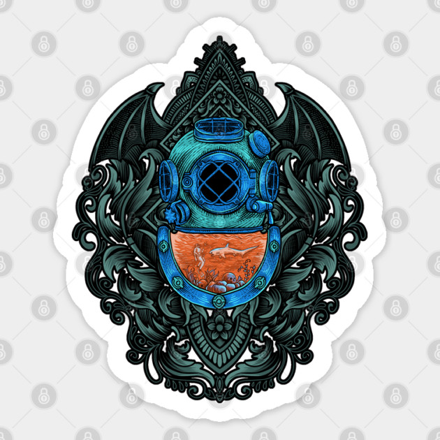 Antique Diving Helmet Emblem with Shark Sticker by HolidayBug