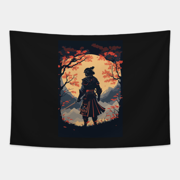 Silhouette Samurai Warrior Moon Tapestry by HolidayBug