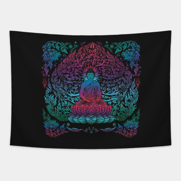 Colorful Buddha on Lotus Tapestry by HolidayBug
