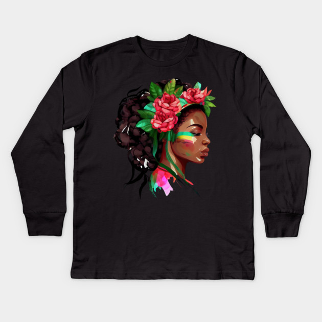 Beautiful African Woman Roses Kids Long Sleeve T-Shirt by HolidayBug