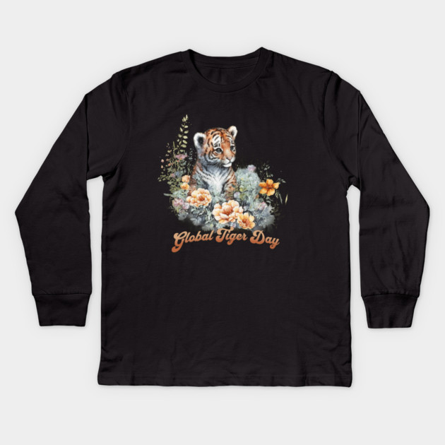 Global Tiger Day, watercolor cub Kids Long Sleeve T-Shirt by HolidayBug