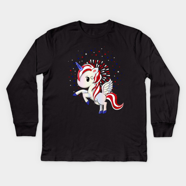 July 4 American Unicorn Pegasus Kids Long Sleeve T-Shirt by HolidayBug