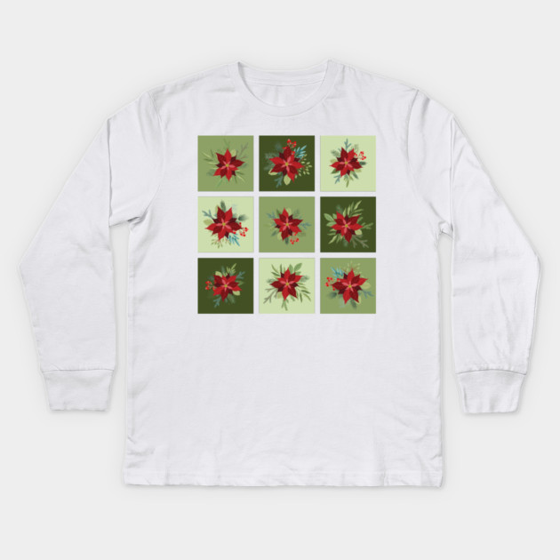 Patchwork Poinsettias Kids Long Sleeve T-Shirt by HolidayBug