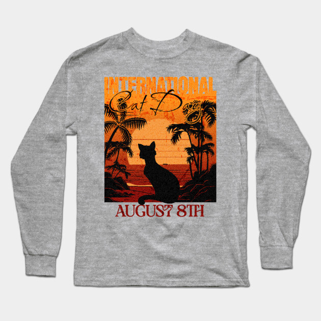 Retro Sunset International Cat Day Long Sleeve T-Shirt by HolidayBug