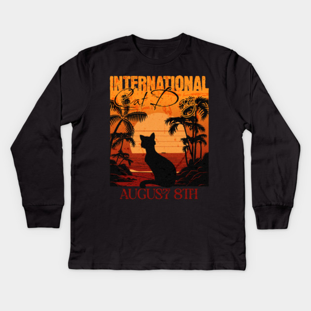 Retro Sunset International Cat Day Kids Long Sleeve T-Shirt by HolidayBug
