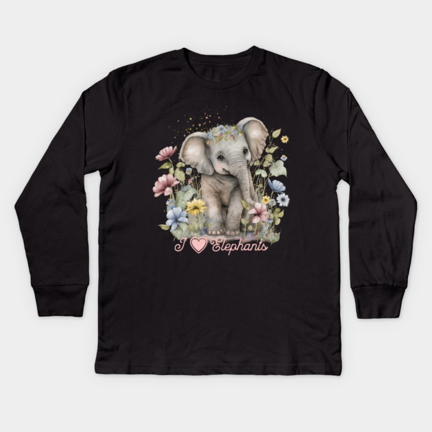 Watercolor, I Love Elephants Kids Long Sleeve T-Shirt by HolidayBug