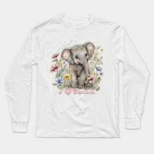 Watercolor, I Love Elephants Long Sleeve T-Shirt