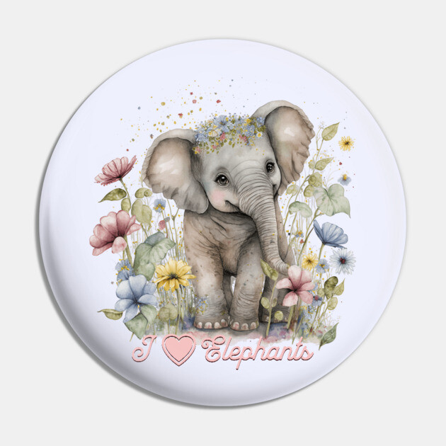 Watercolor, I Love Elephants Pin by HolidayBug