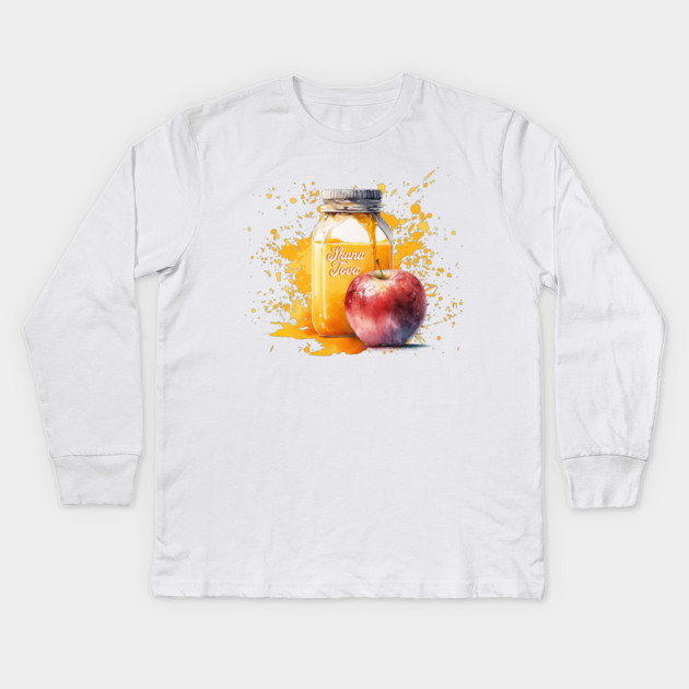 Watercolor Honey and Apple Shana Tova Kids Long Sleeve T-Shirt by HolidayBug