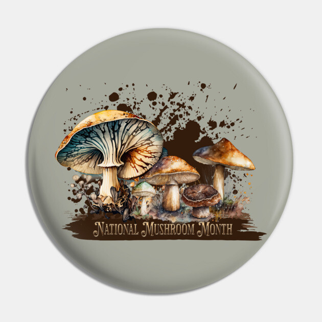 Watercolor National Mushroom Month Pin by HolidayBug