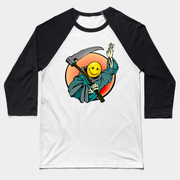 Retro Smile Emoji Grim Reaper Baseball T-Shirt by HolidayBug