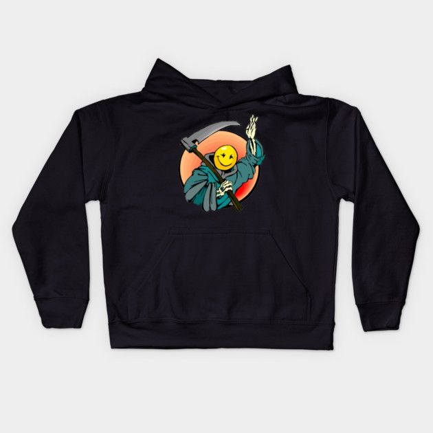 Retro Smile Emoji Grim Reaper Kids Hoodie by HolidayBug