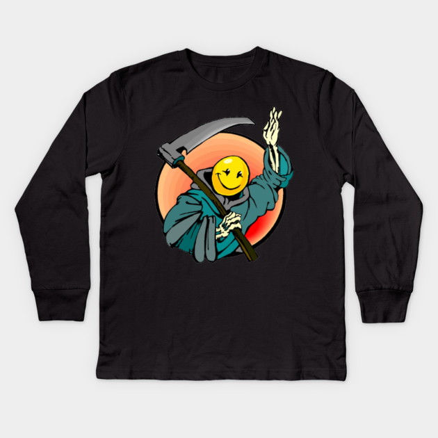 Retro Smile Emoji Grim Reaper Kids Long Sleeve T-Shirt by HolidayBug