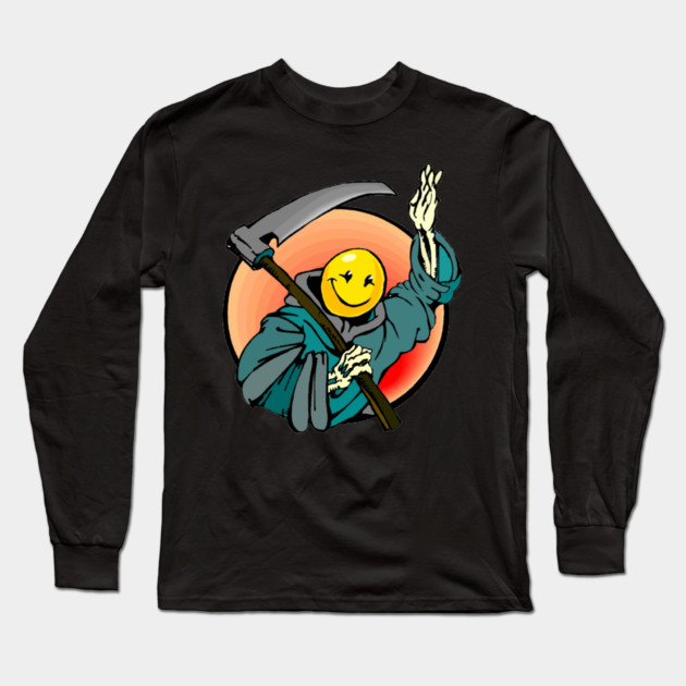Retro Smile Emoji Grim Reaper Long Sleeve T-Shirt by HolidayBug