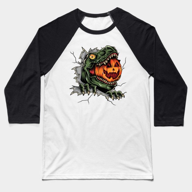 Dinosaur Eating Jack-o'-lantern Baseball T-Shirt by HolidayBug