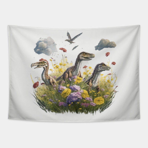 Velociraptors in a Meadow Tapestry by HolidayBug