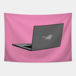 Gray Laptop with Bird Logo Cartoon Tapestry