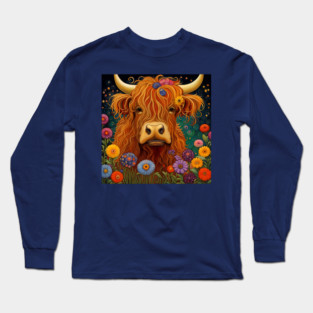 Sweet Scottish Highland Cow Under The Stars Long Sleeve T-Shirt