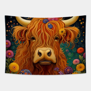 Sweet Scottish Highland Cow Under The Stars Tapestry