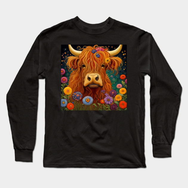 Sweet Scottish Highland Cow Under The Stars Long Sleeve T-Shirt by LittleBean