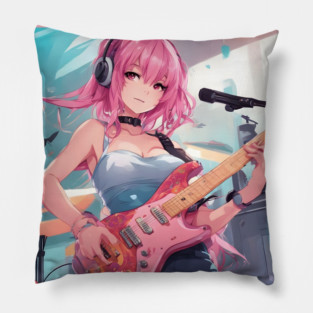 Anime girl with pink hair playing a pink guitar Pillow