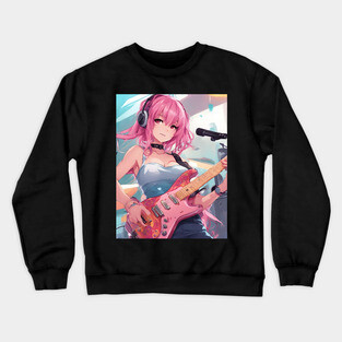 Anime girl with pink hair playing a pink guitar Crewneck Sweatshirt