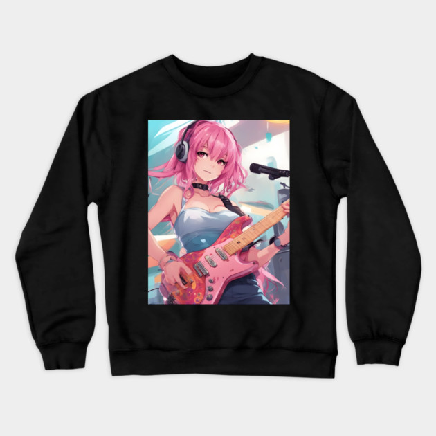 Anime girl with pink hair playing a pink guitar Crewneck Sweatshirt by animegirlnft