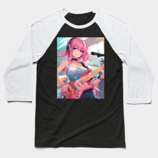 Anime girl with pink hair playing a pink guitar Baseball T-Shirt