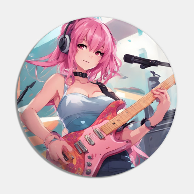 Anime girl with pink hair playing a pink guitar Pin by animegirlnft