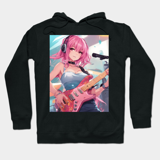 Anime girl with pink hair playing a pink guitar Hoodie by animegirlnft