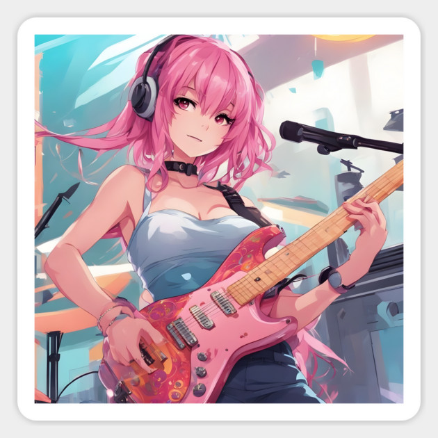 Anime girl with pink hair playing a pink guitar Magnet by animegirlnft